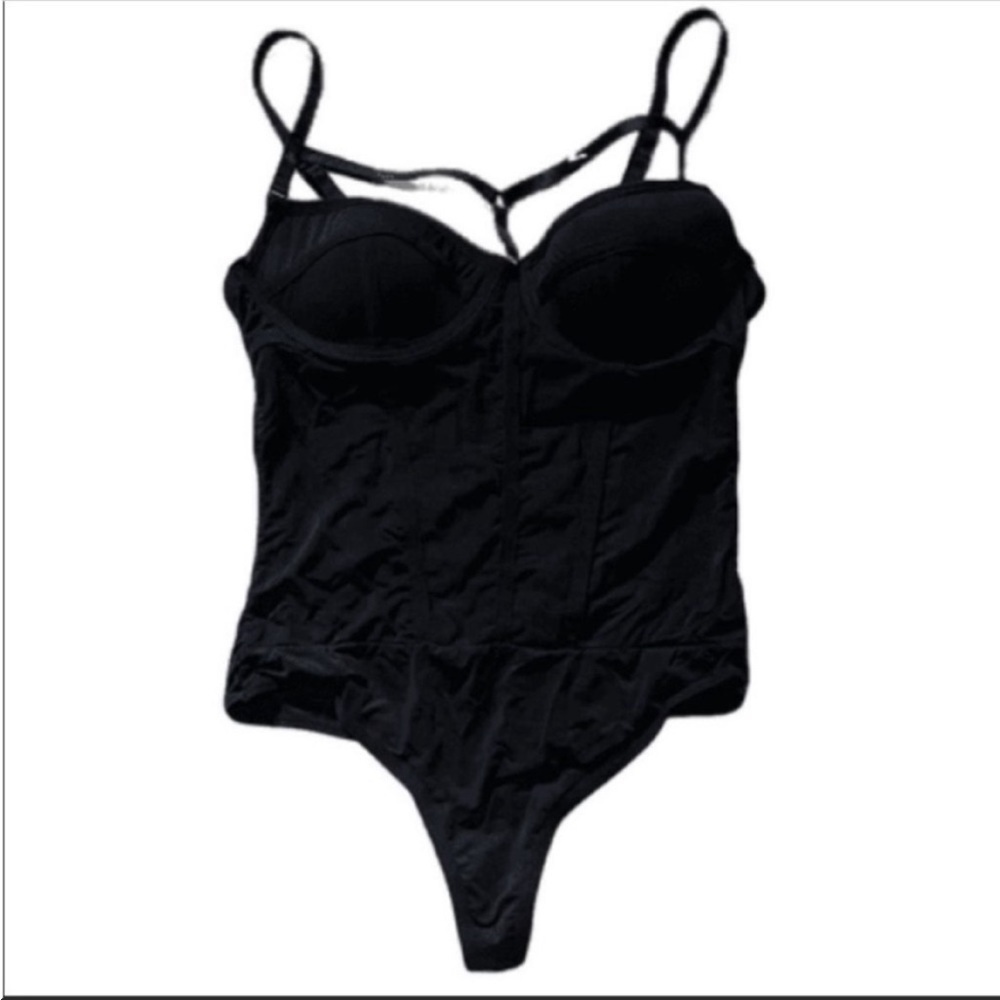 Bustier black teddy bodysuit high cut padded bust.
Size small.